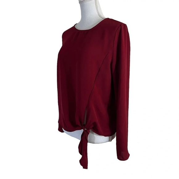 Aqua Dark Red Blouse Size Medium Semi Sheer Knotted Hem Tie Chiffon Long Sleeves - Picture 2 of 7